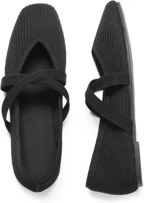 CELNEPHO Flats for Women Square Toe Ballet Flats Cross Strap Comfortable Arch Support Dressy Knit Flats for Women Mary Jane Flats Slip On Washable Casual Office Shoes