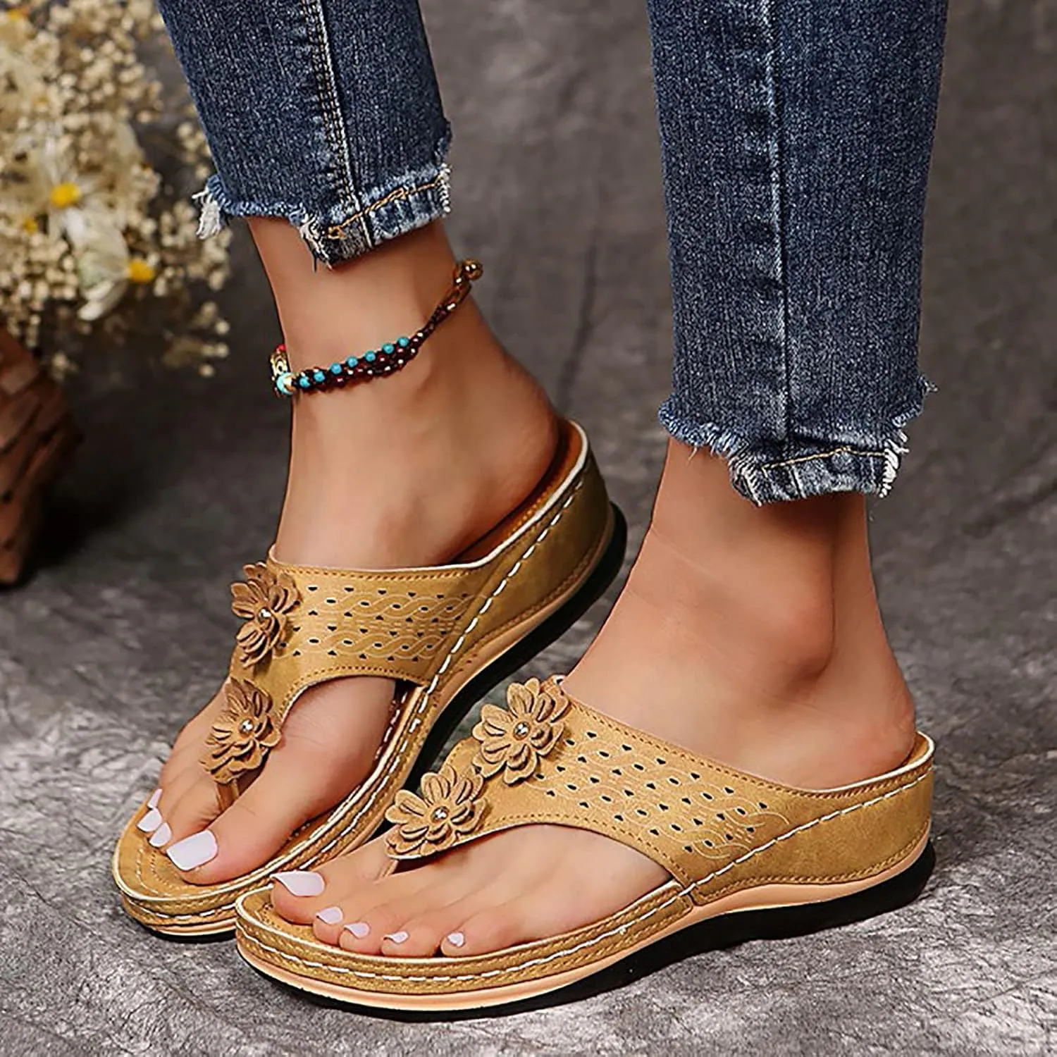 Eduavar Orthopedic Sandals for Women Arch Support Sandals Flip Flops Comfy Wedge Walking Slippers Anti-Slip Breathable Sandal