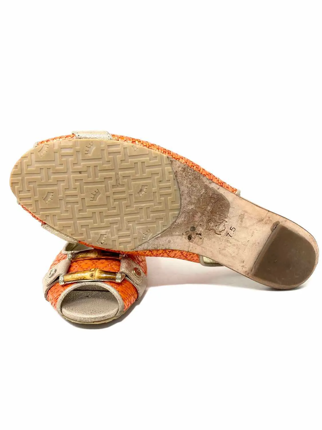 Elaine Turner Women's Orange Peeptoe Bamboo Buckle Size 7.5 Slingbacks