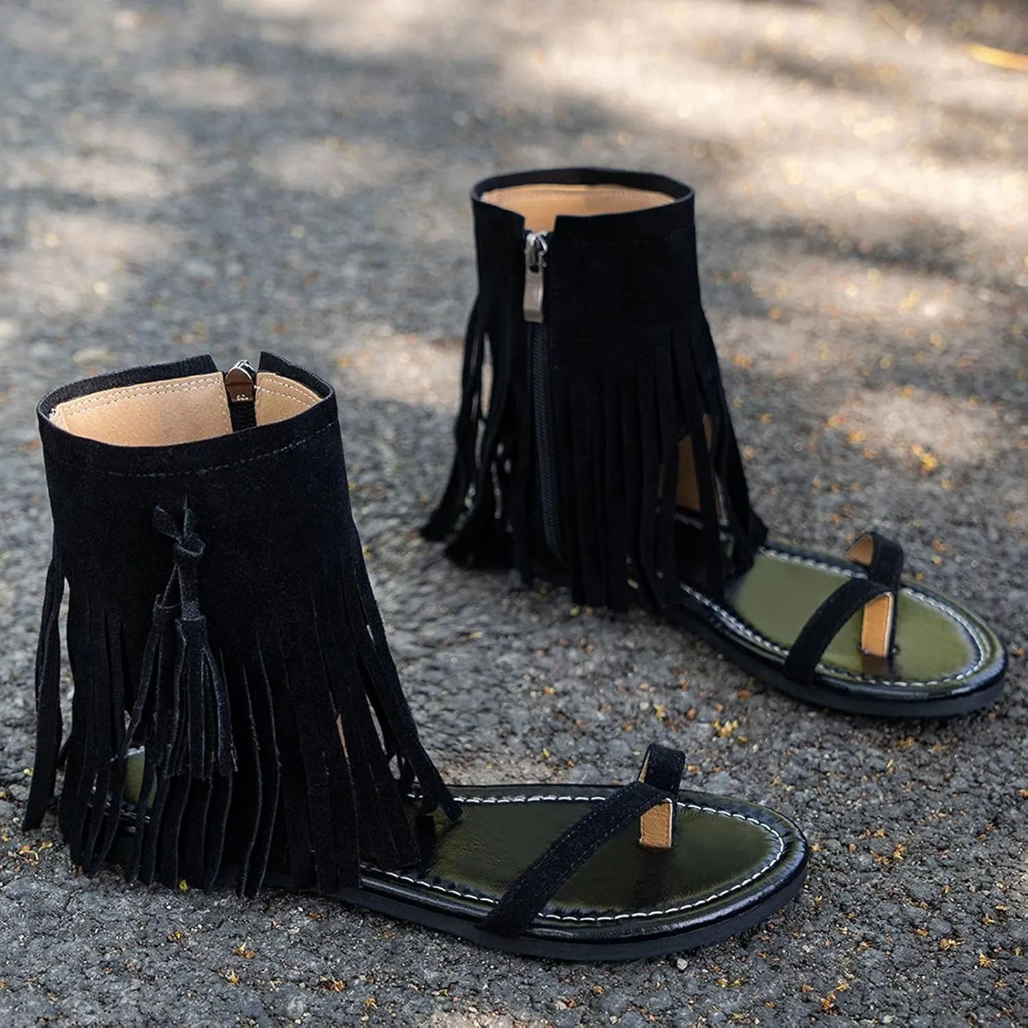 Flat Sandals for Women Gladiator Suede Fringe Open toe Falt Zip Up Flat Sandals Women Flat Dress Sandals for Women