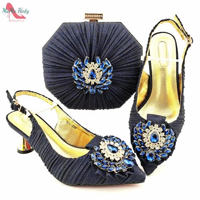 MAMA PARTY Italian Design Crystal Pointed Toe Slingback High Heel Shoes with Matching Bag