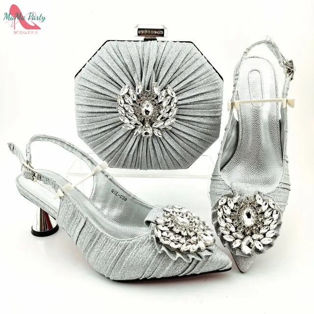 MAMA PARTY Italian Design Crystal Pointed Toe Slingback High Heel Shoes with Matching Bag