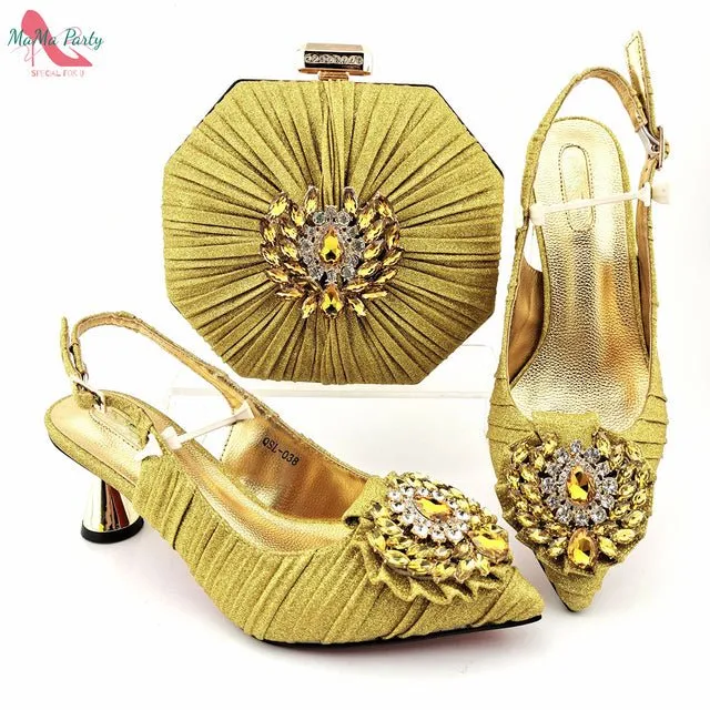 MAMA PARTY Italian Design Crystal Pointed Toe Slingback High Heel Shoes with Matching Bag