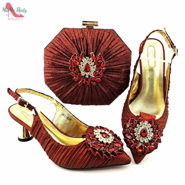 MAMA PARTY Italian Design Crystal Pointed Toe Slingback High Heel Shoes with Matching Bag