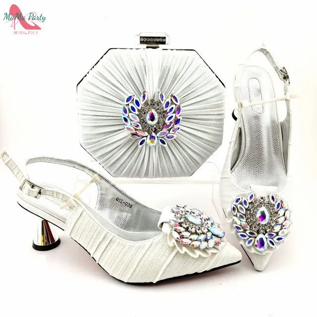 MAMA PARTY Italian Design Crystal Pointed Toe Slingback High Heel Shoes with Matching Bag