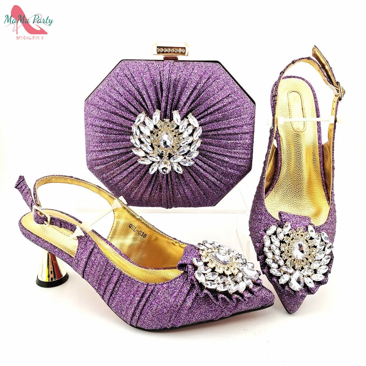 MAMA PARTY Italian Design Crystal Pointed Toe Slingback High Heel Shoes with Matching Bag