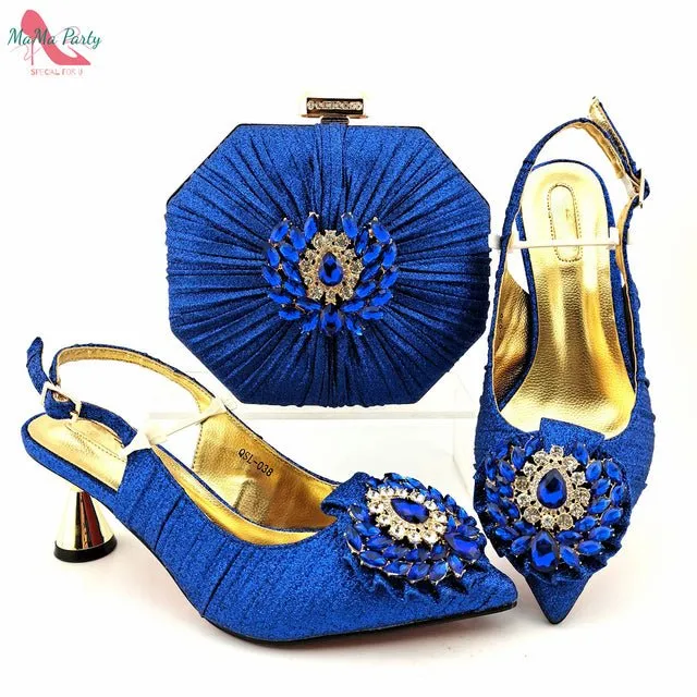 MAMA PARTY Italian Design Crystal Pointed Toe Slingback High Heel Shoes with Matching Bag