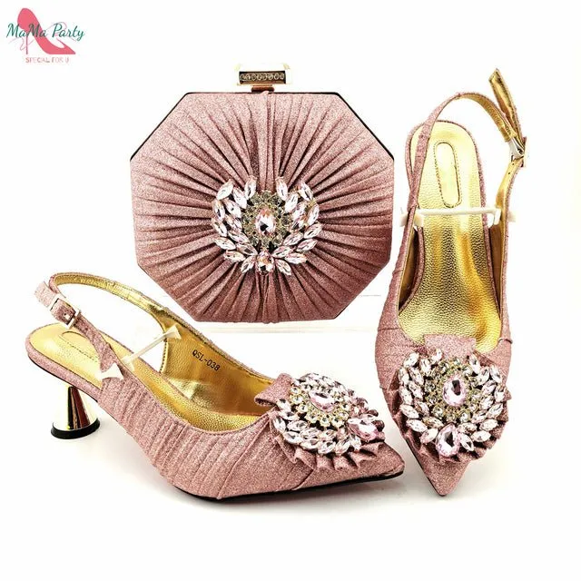 MAMA PARTY Italian Design Crystal Pointed Toe Slingback High Heel Shoes with Matching Bag