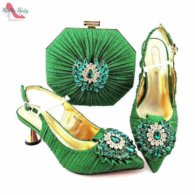 MAMA PARTY Italian Design Crystal Pointed Toe Slingback High Heel Shoes with Matching Bag