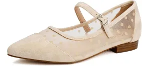 Mesh Ballet Flats for Women Point Toe Splicing Dot Tulle Ballerina Shoes with Adjustable Ankle Strap Comfortable Casual Work Dress Office Womens Flats Shoes