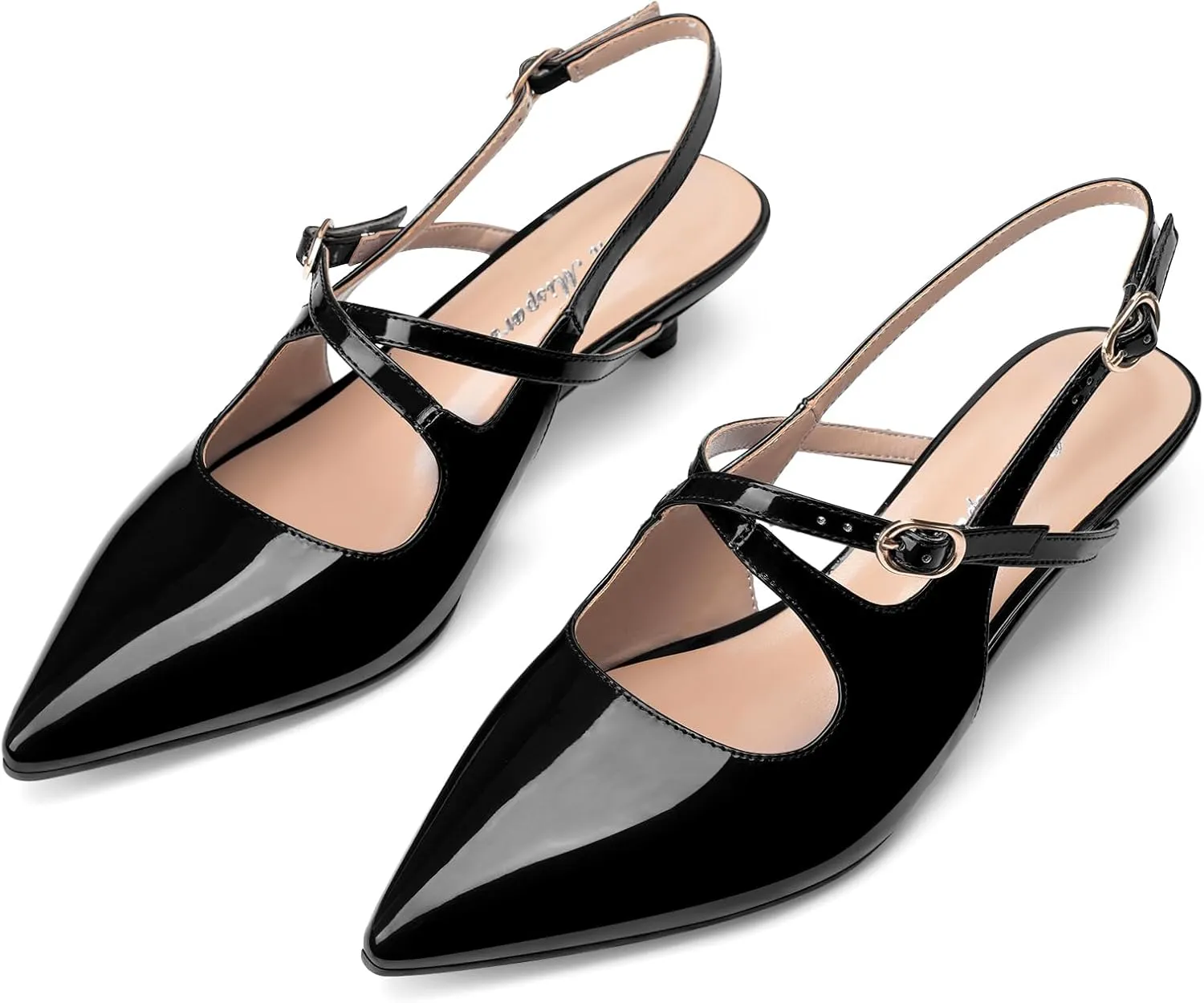 Oh Mispares Pointed Toe Kitten Heels for Women Slingbacks Low Heel Dressy Pumps Patent Leather Closed Toe Cross Strap Slingback Dress Shoes