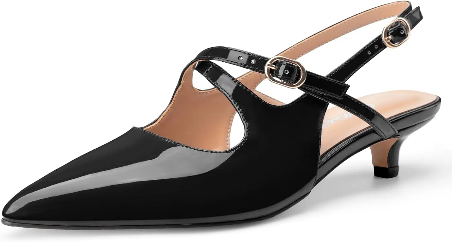 Oh Mispares Pointed Toe Kitten Heels for Women Slingbacks Low Heel Dressy Pumps Patent Leather Closed Toe Cross Strap Slingback Dress Shoes