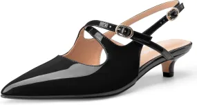 Oh Mispares Pointed Toe Kitten Heels for Women Slingbacks Low Heel Dressy Pumps Patent Leather Closed Toe Cross Strap Slingback Dress Shoes