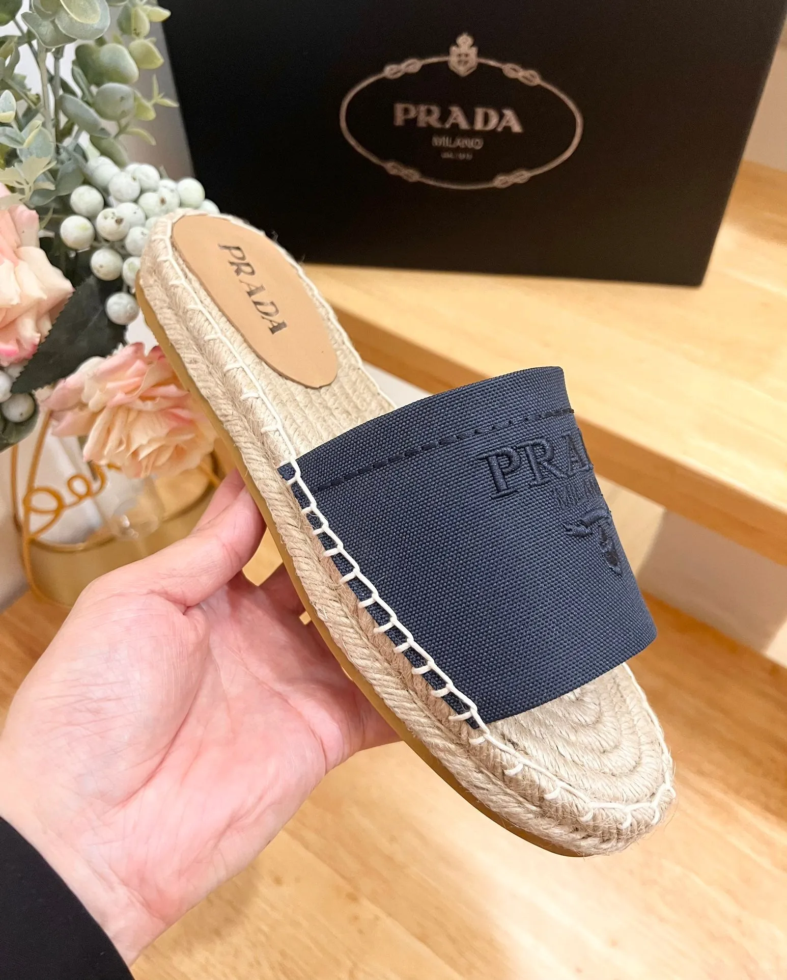 PRA CROCHET SLIPPERS NAVY LINEN FABRIC