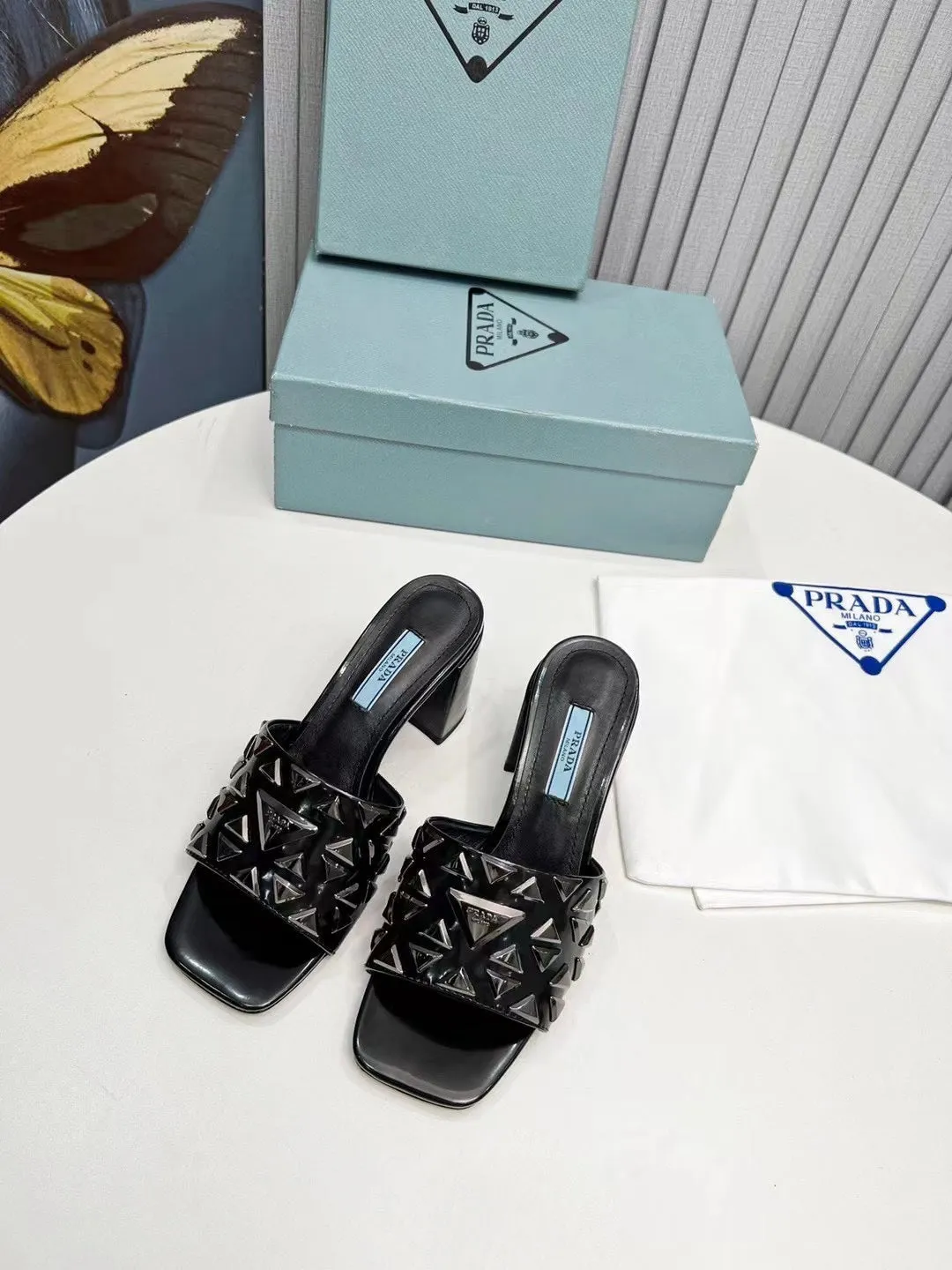 PRA EMBROIDERED SANDALS 65 BLACK CALFSKIN