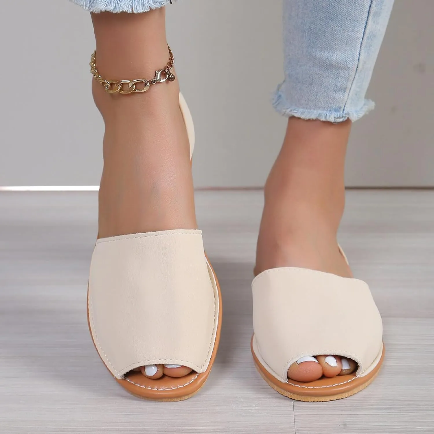 Roorsily Women's Comfortable Sandals Flat Bottom Fish Mouth Sandals Footwear Soft Leather Sandals Versatile Flat Sandal