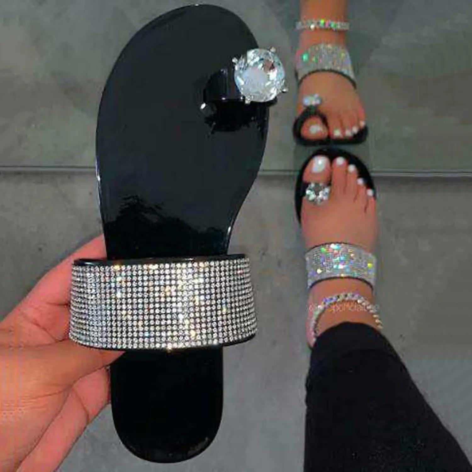 Slides Sandals Women Footwear Rhinestone On Shoes Toe Women's Round Slip Slippers Fashion Casual Women's slipper