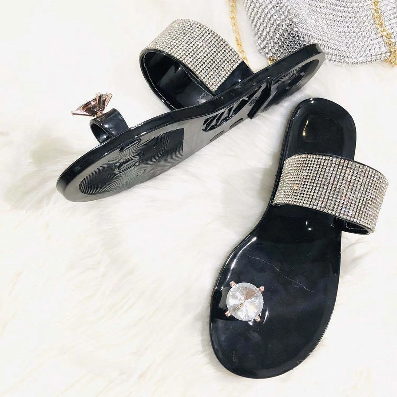 Slides Sandals Women Footwear Rhinestone On Shoes Toe Women's Round Slip Slippers Fashion Casual Women's slipper