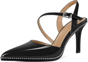 Soireelady Women Slingback Heels High Heel Beaded Pumps Pointed Toe Stilettos Slip On Strappy Heels Dress Pumps Shoes 3.5 Inch