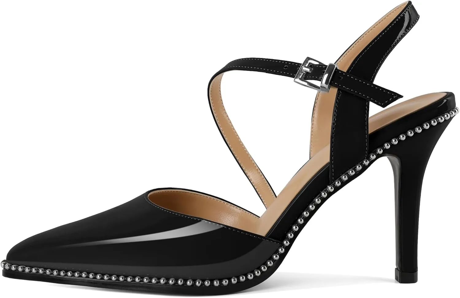 Soireelady Women Slingback Heels High Heel Beaded Pumps Pointed Toe Stilettos Slip On Strappy Heels Dress Pumps Shoes 3.5 Inch