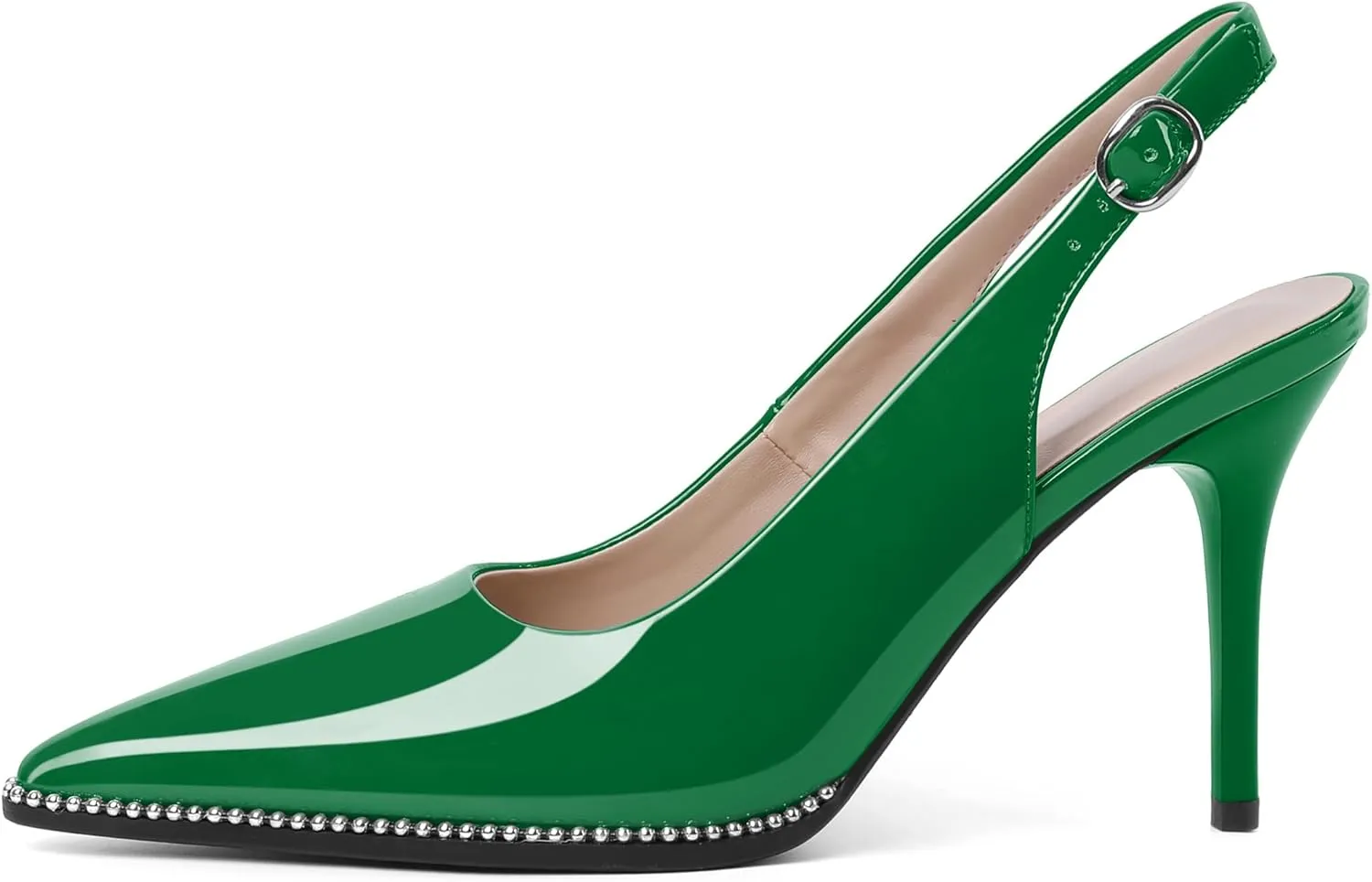 Soireelady Women Slingback High Heel Beaded Pumps Closed Pointed Toe Slip On Stilettos Adjustable Buckle Dress Pumps Shoes Patent 3.5 Inches