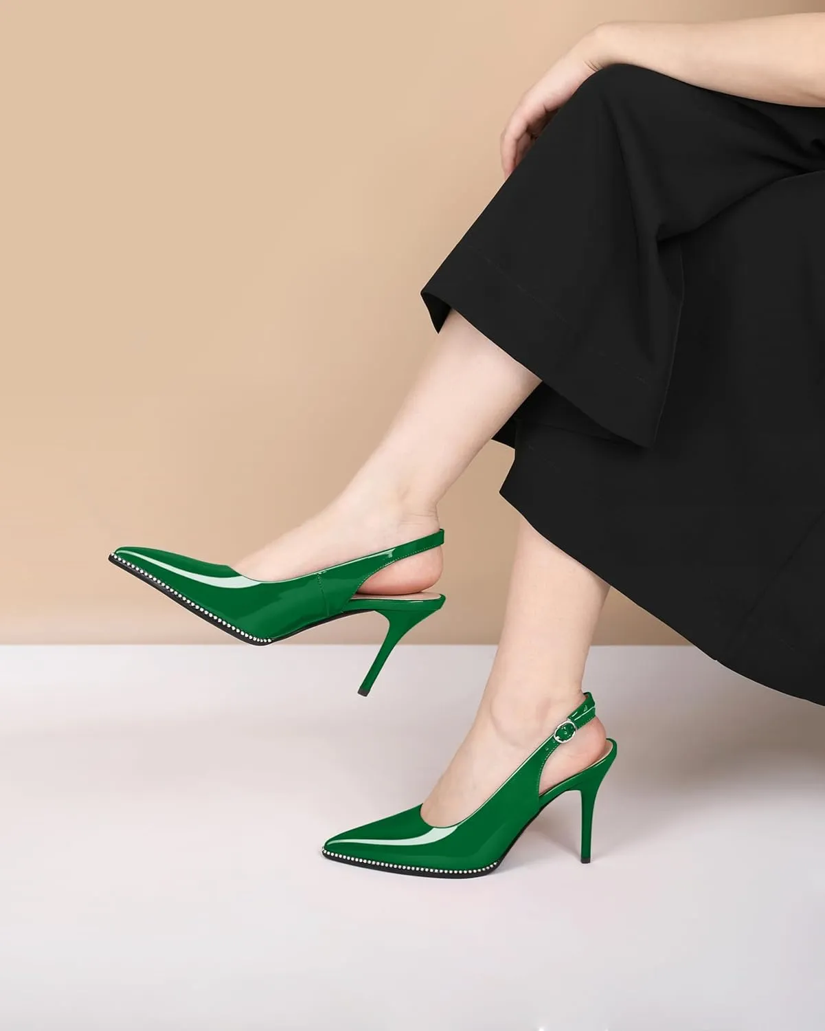 Soireelady Women Slingback High Heel Beaded Pumps Closed Pointed Toe Slip On Stilettos Adjustable Buckle Dress Pumps Shoes Patent 3.5 Inches