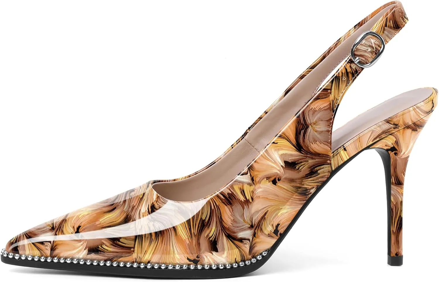 Soireelady Women Slingback High Heel Beaded Pumps Closed Pointed Toe Slip On Stilettos Adjustable Buckle Dress Pumps Shoes Patent 3.5 Inches