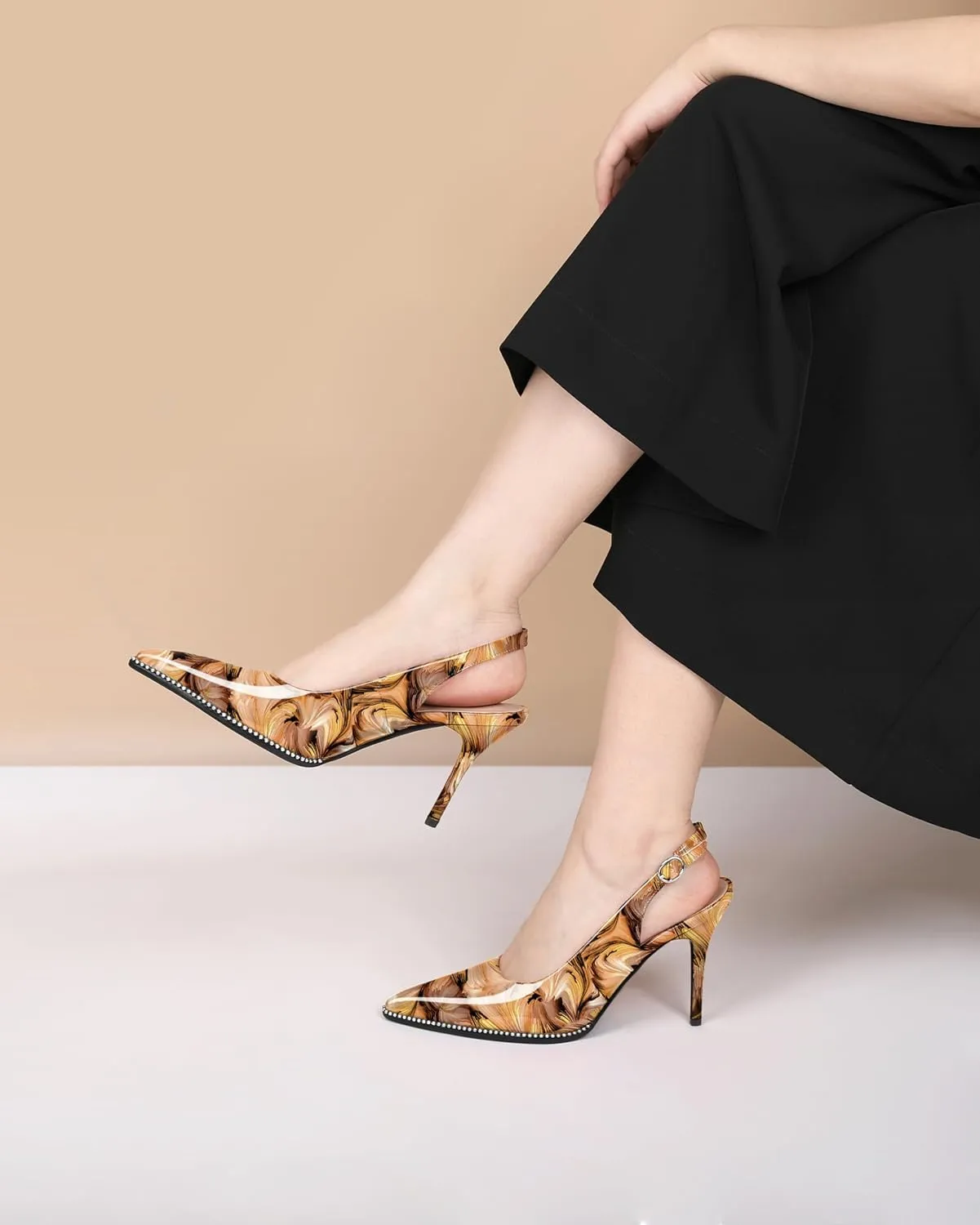 Soireelady Women Slingback High Heel Beaded Pumps Closed Pointed Toe Slip On Stilettos Adjustable Buckle Dress Pumps Shoes Patent 3.5 Inches