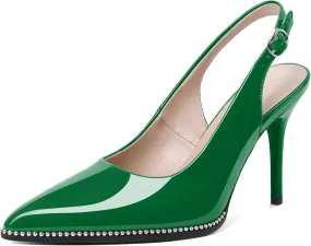 Soireelady Women Slingback High Heel Beaded Pumps Closed Pointed Toe Slip On Stilettos Adjustable Buckle Dress Pumps Shoes Patent 3.5 Inches