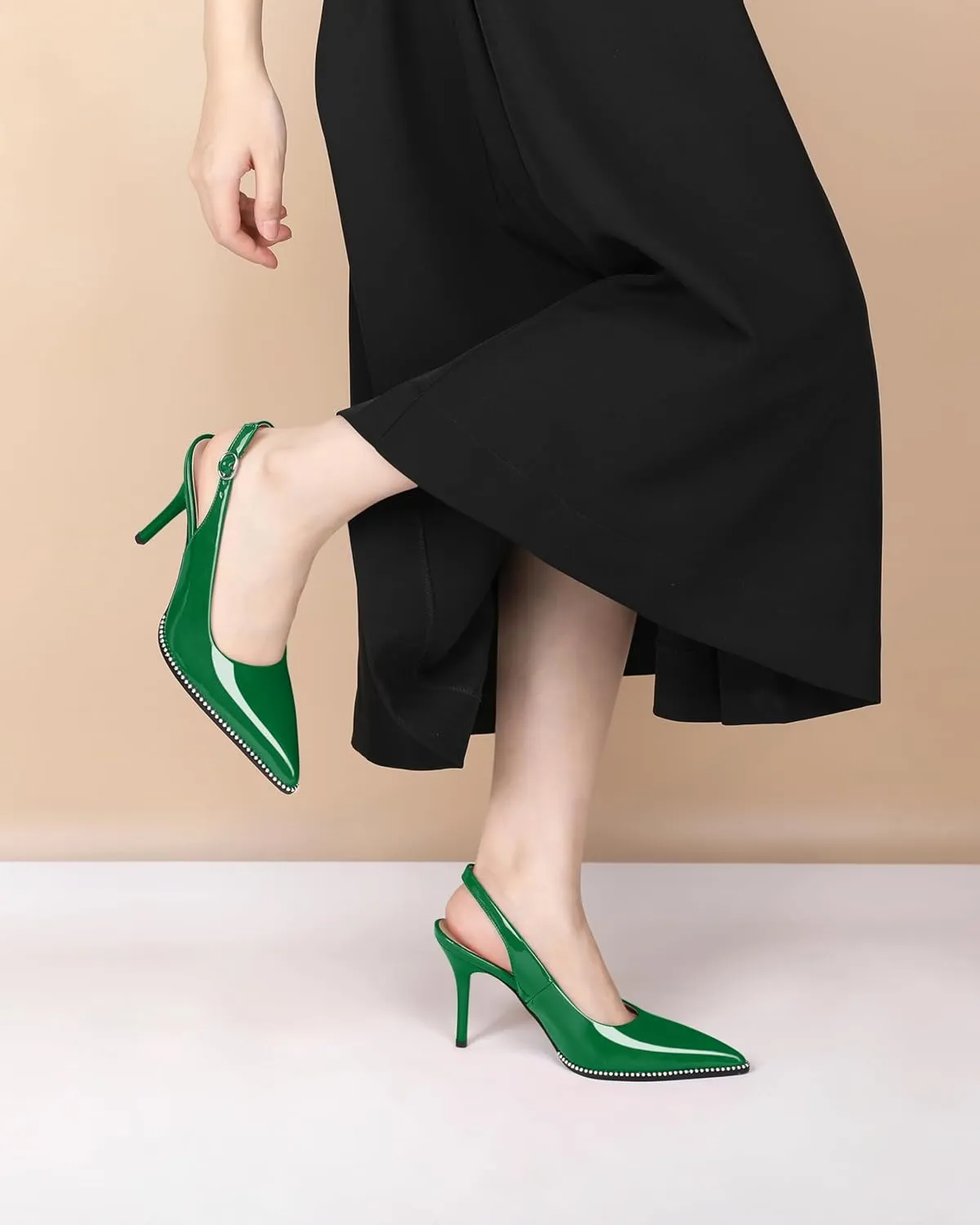 Soireelady Women Slingback High Heel Beaded Pumps Closed Pointed Toe Slip On Stilettos Adjustable Buckle Dress Pumps Shoes Patent 3.5 Inches