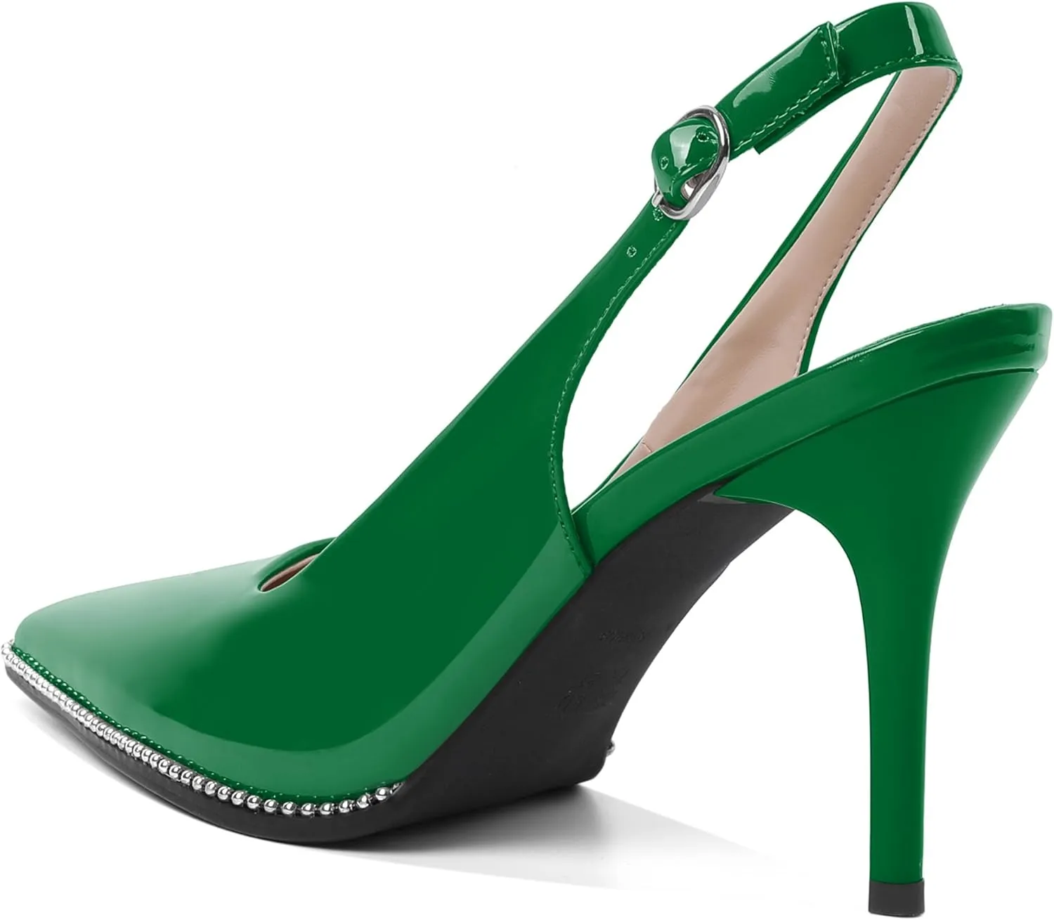 Soireelady Women Slingback High Heel Beaded Pumps Closed Pointed Toe Slip On Stilettos Adjustable Buckle Dress Pumps Shoes Patent 3.5 Inches