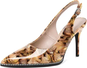 Soireelady Women Slingback High Heel Beaded Pumps Closed Pointed Toe Slip On Stilettos Adjustable Buckle Dress Pumps Shoes Patent 3.5 Inches