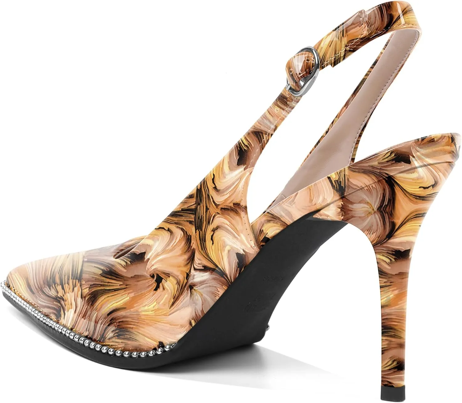 Soireelady Women Slingback High Heel Beaded Pumps Closed Pointed Toe Slip On Stilettos Adjustable Buckle Dress Pumps Shoes Patent 3.5 Inches