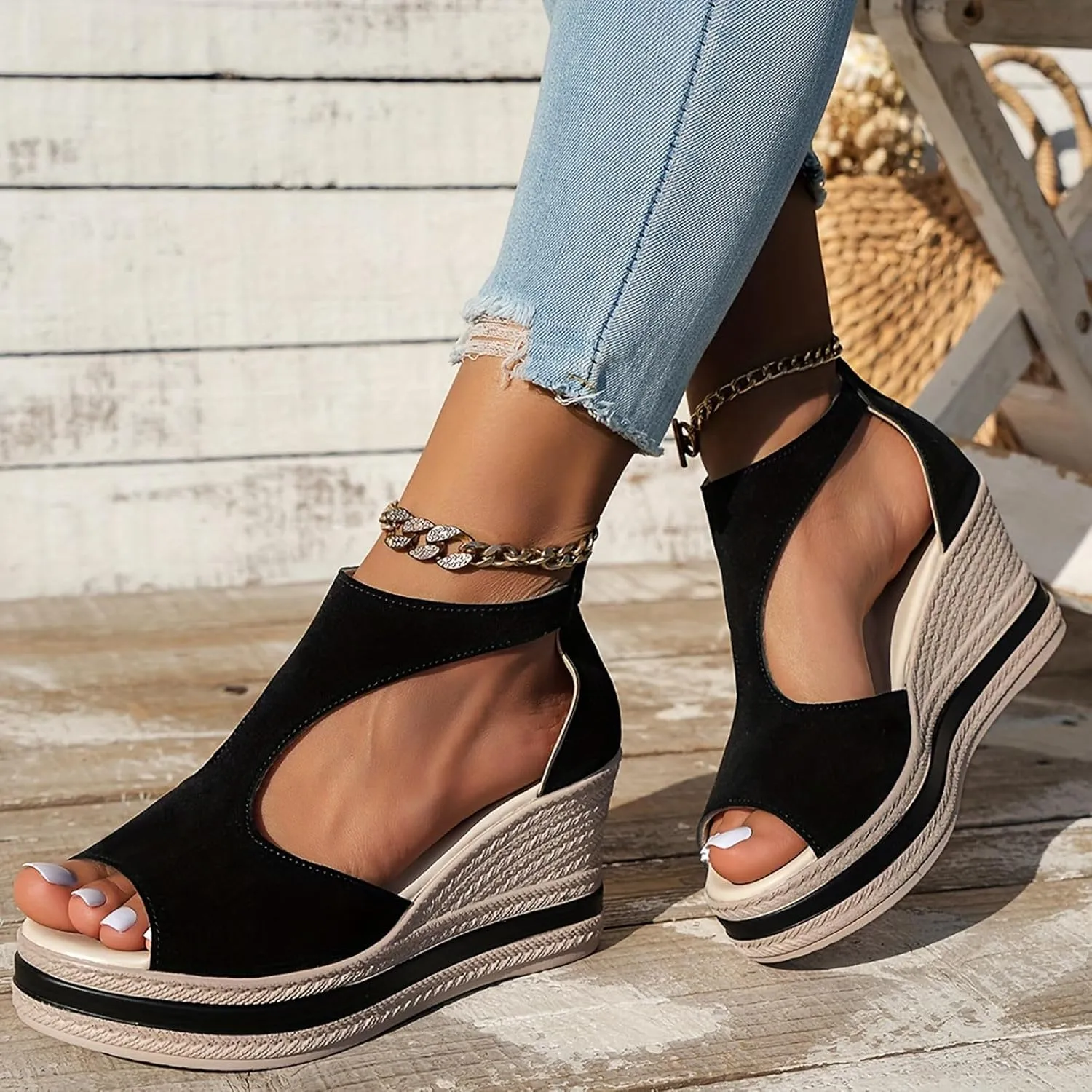 Women Wedge Sandals Peep Toe Back Zip High Heels Retro Cutout Slip On Casual Platform Sandals Comfortable Summer Shoes