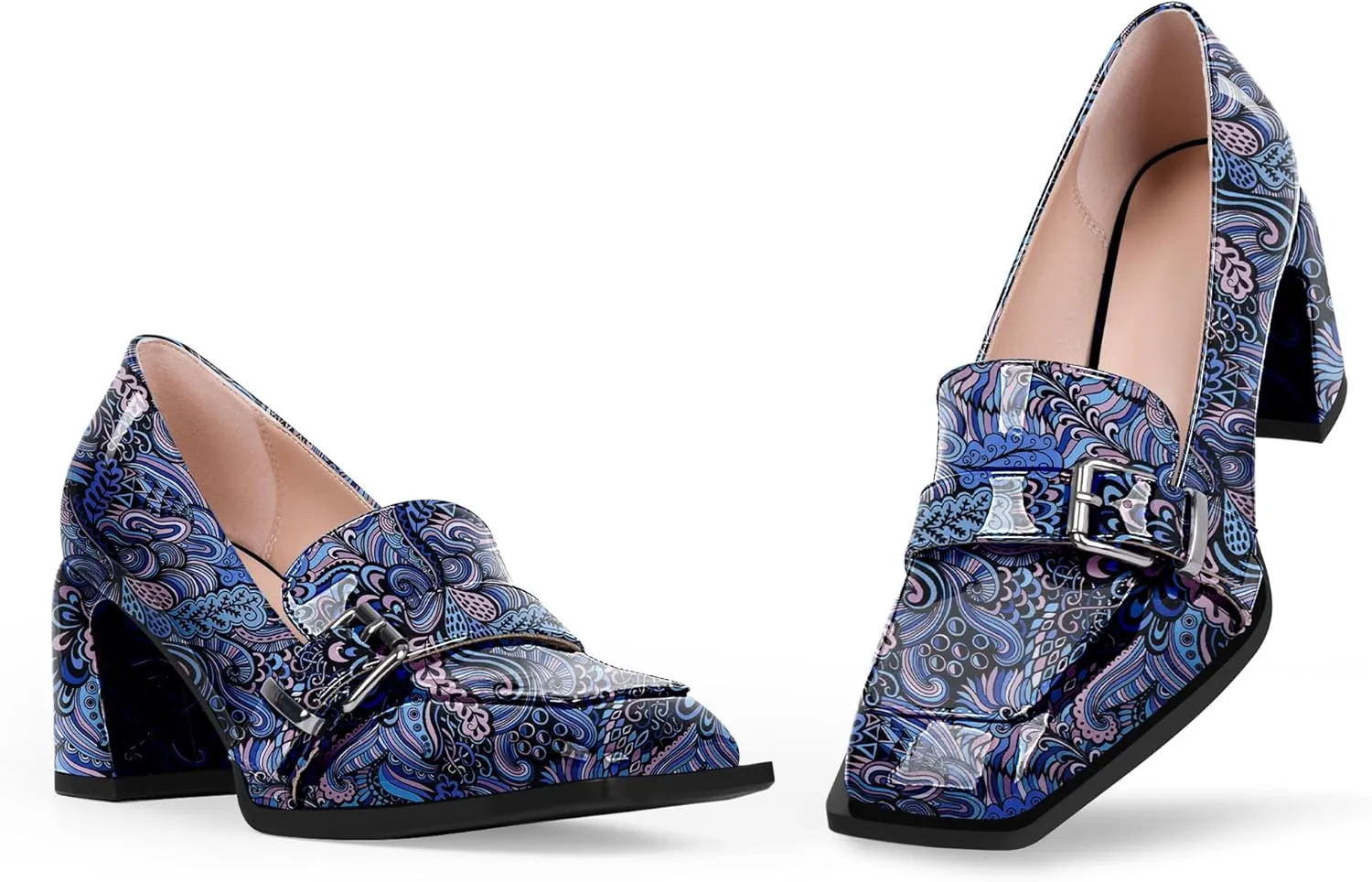 Women's Comfortable Buckle Chunky Heel Pumps Square Toe Work Dress Shoes