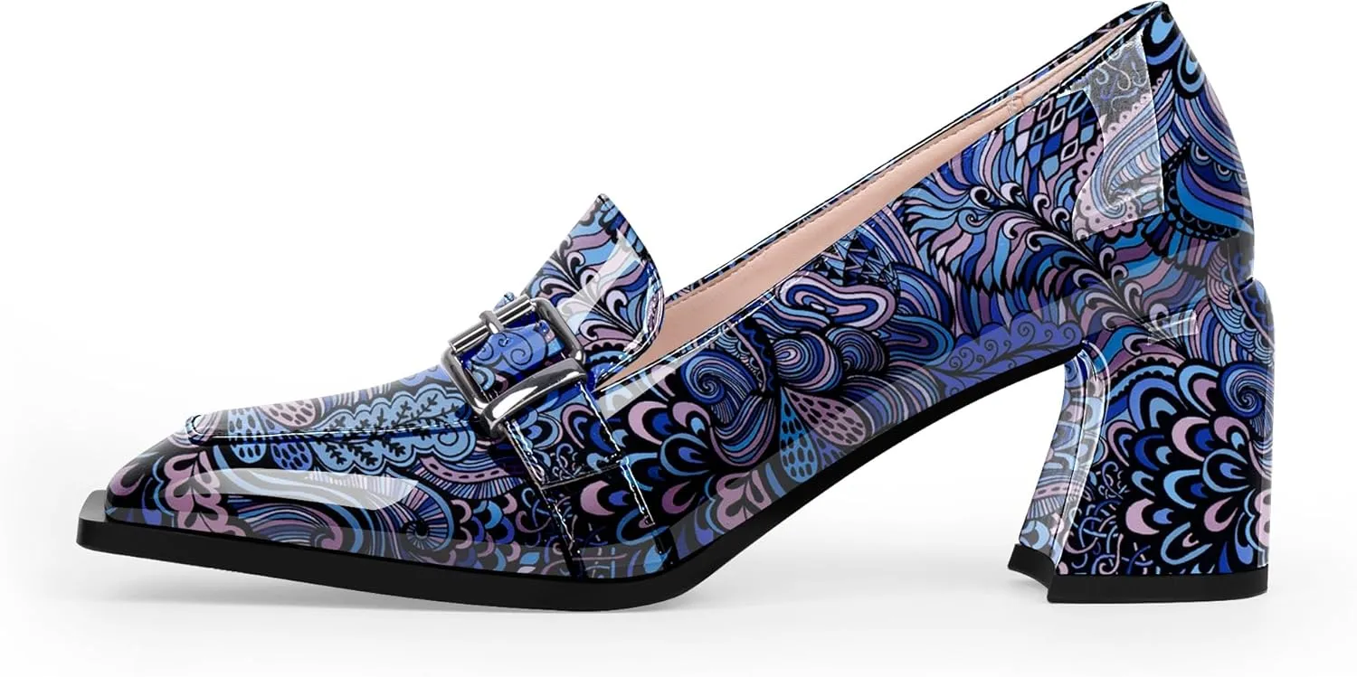 Women's Comfortable Buckle Chunky Heel Pumps Square Toe Work Dress Shoes