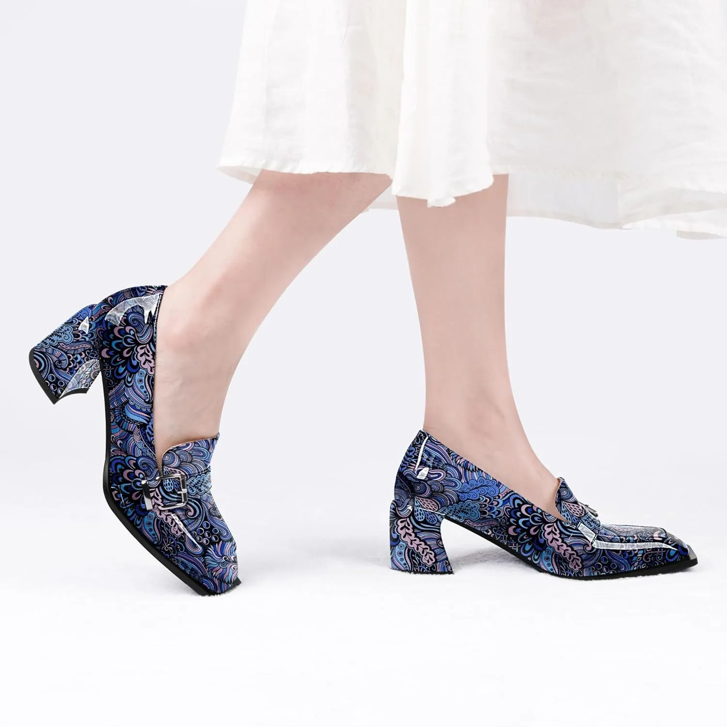 Women's Comfortable Buckle Chunky Heel Pumps Square Toe Work Dress Shoes