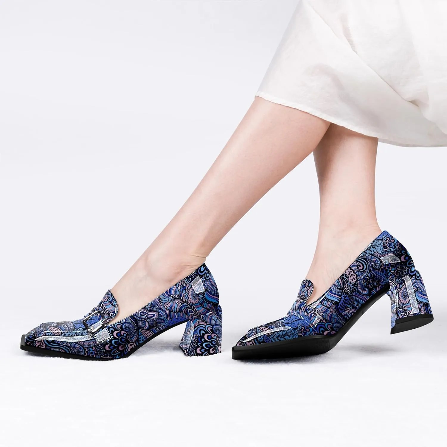 Women's Comfortable Buckle Chunky Heel Pumps Square Toe Work Dress Shoes