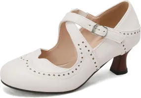 Women's Criss Cross Vintage Wingtip Oxfords Ankle Strap Cut Out Low Heel Brogue for Women