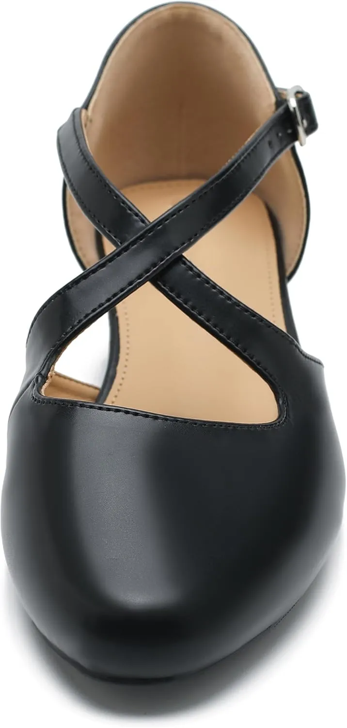 Women's Low Chunky Heel Pumps Cross Strap Closed Toe Dress Shoes