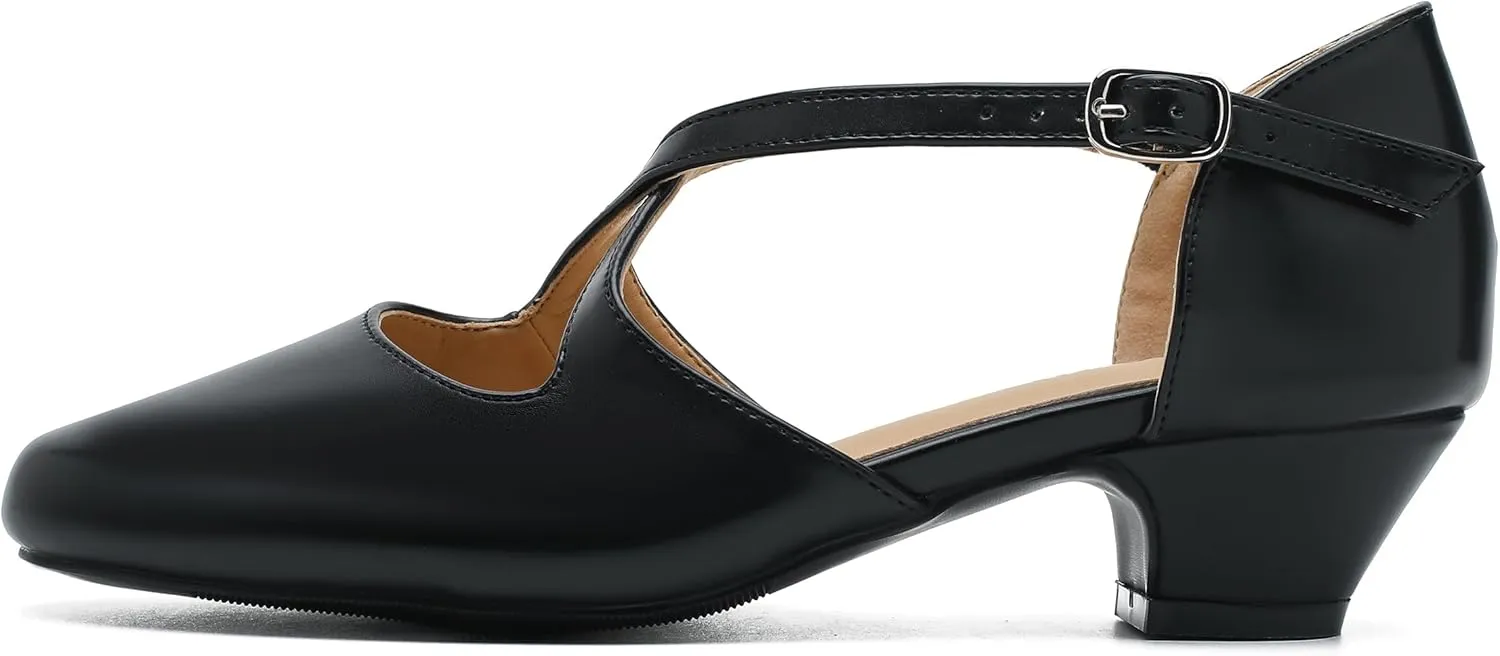 Women's Low Chunky Heel Pumps Cross Strap Closed Toe Dress Shoes