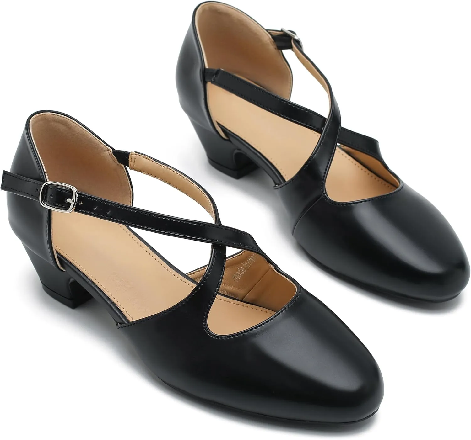 Women's Low Chunky Heel Pumps Cross Strap Closed Toe Dress Shoes