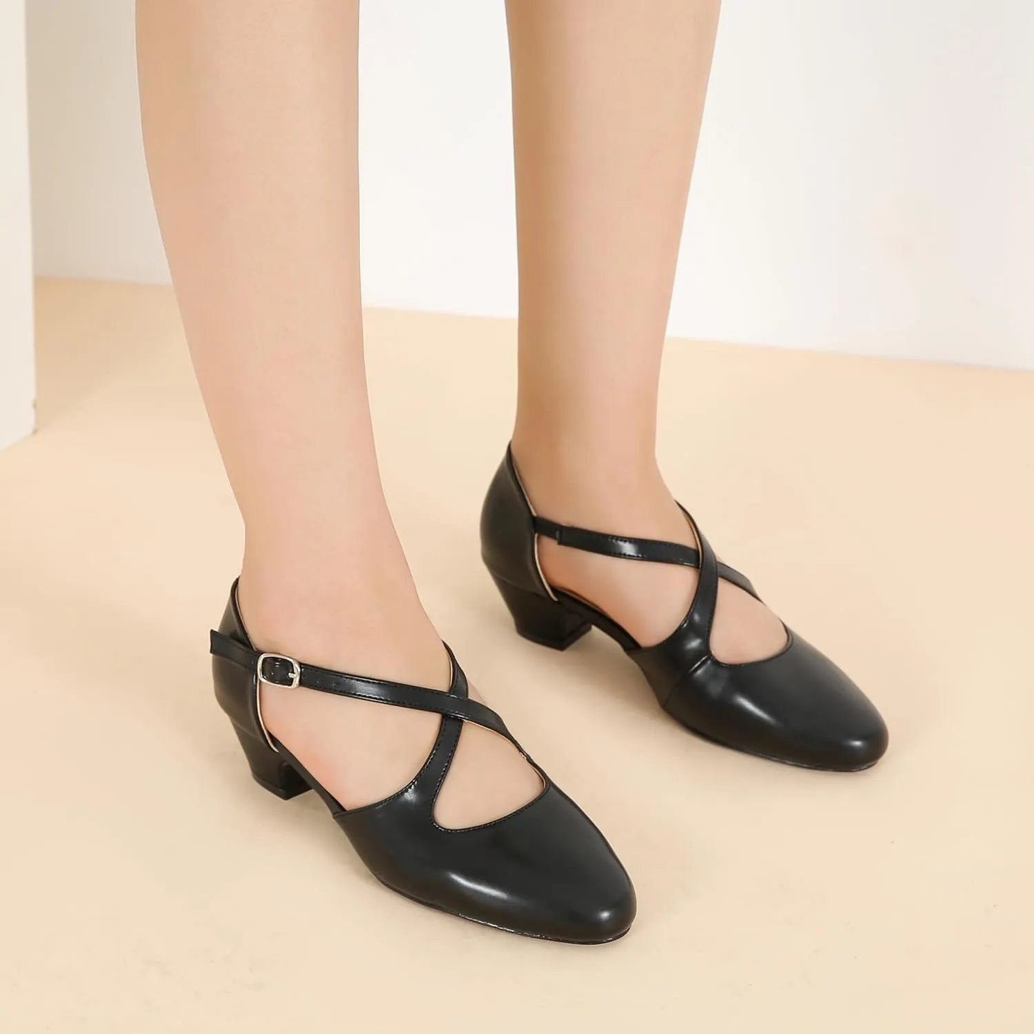 Women's Low Chunky Heel Pumps Cross Strap Closed Toe Dress Shoes