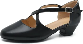 Women's Low Chunky Heel Pumps Cross Strap Closed Toe Dress Shoes