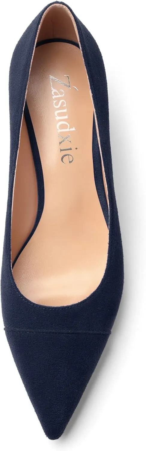 Women's Low Kitten Heel Pumps Casual Daily Solid Slip On Pointed Toe Suede Comfort Dress Shoes for Women 2 Inch