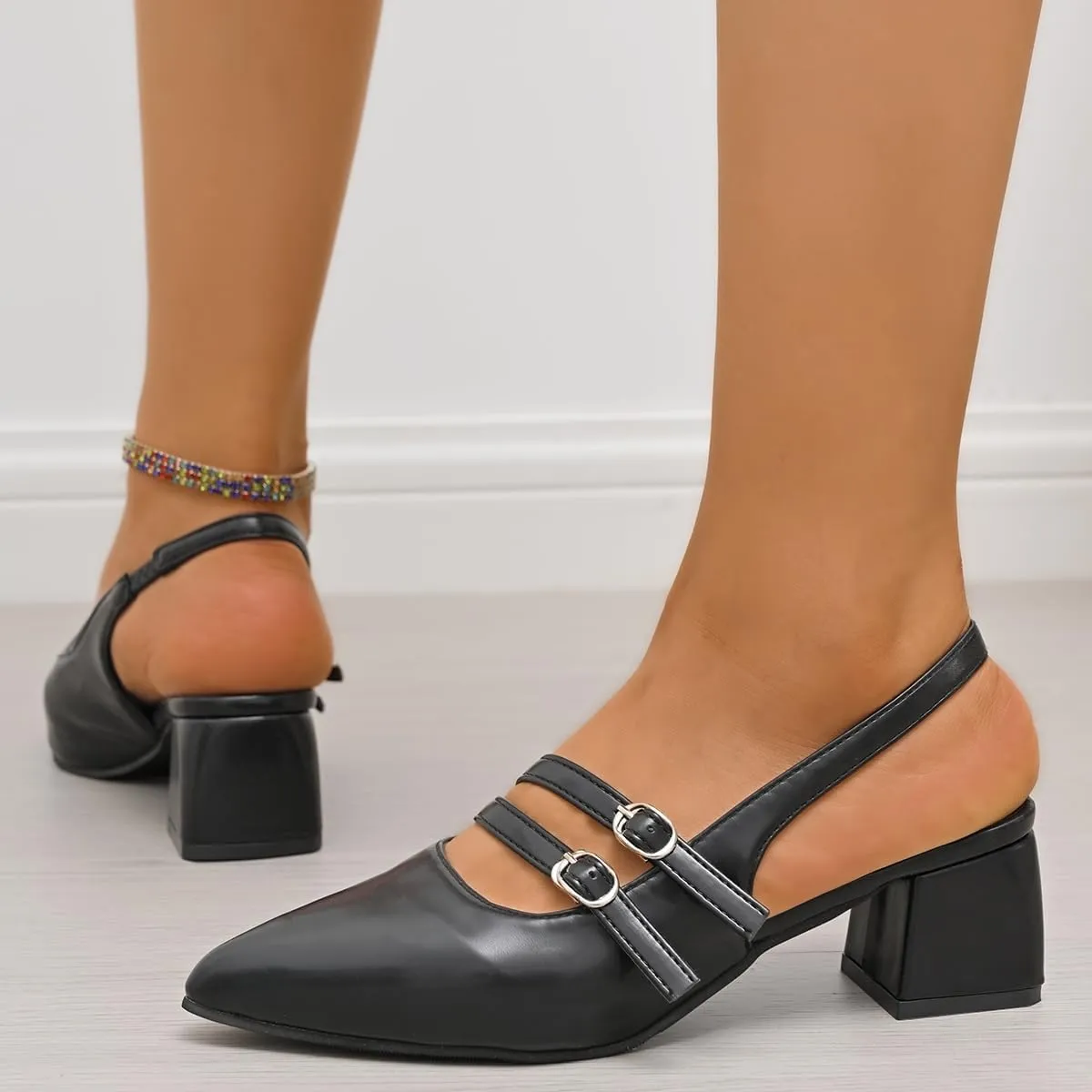 Women's Patent Leather Slingback Chunky Heels Mary Janes Pumps Buckle Closed Toe Low Heel Sandals Dress Evening Party Backless Shoes