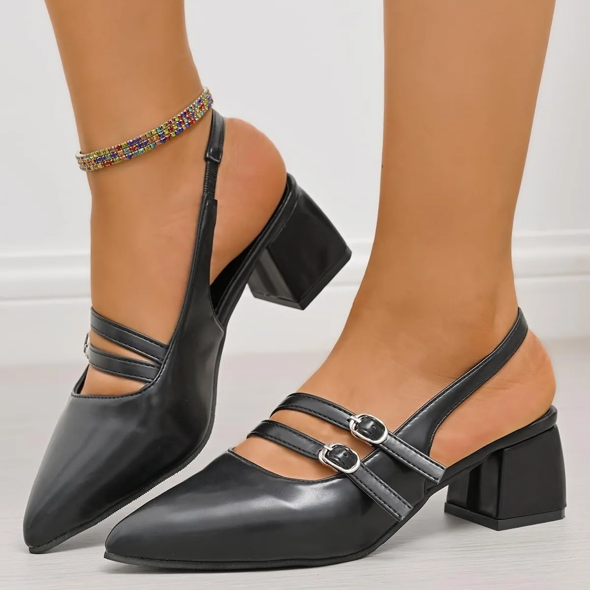 Women's Patent Leather Slingback Chunky Heels Mary Janes Pumps Buckle Closed Toe Low Heel Sandals Dress Evening Party Backless Shoes