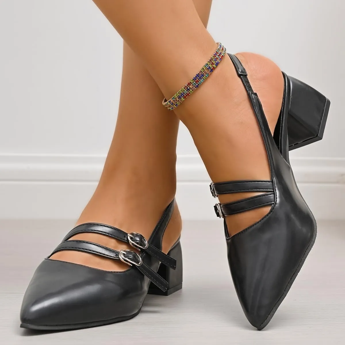 Women's Patent Leather Slingback Chunky Heels Mary Janes Pumps Buckle Closed Toe Low Heel Sandals Dress Evening Party Backless Shoes