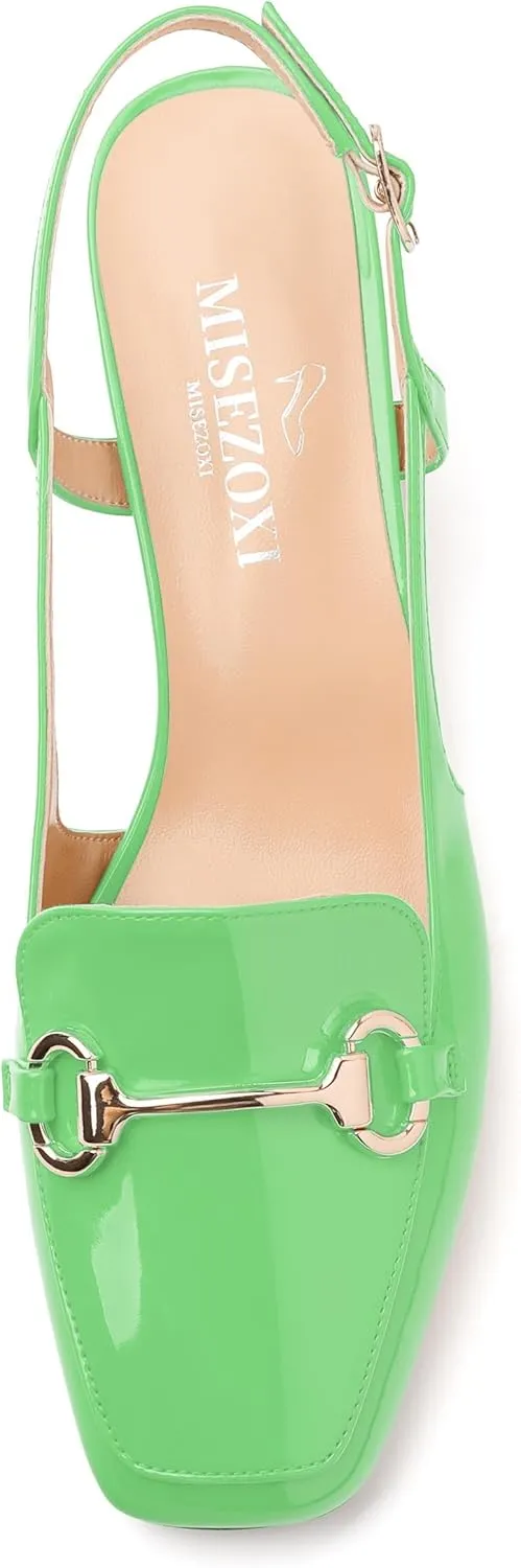 Womens Pumps, Square Toe Mid Block Heel Slingback Pump Shoes for Women, Chunky Heel Slingbacks with Metal Buckle 2"