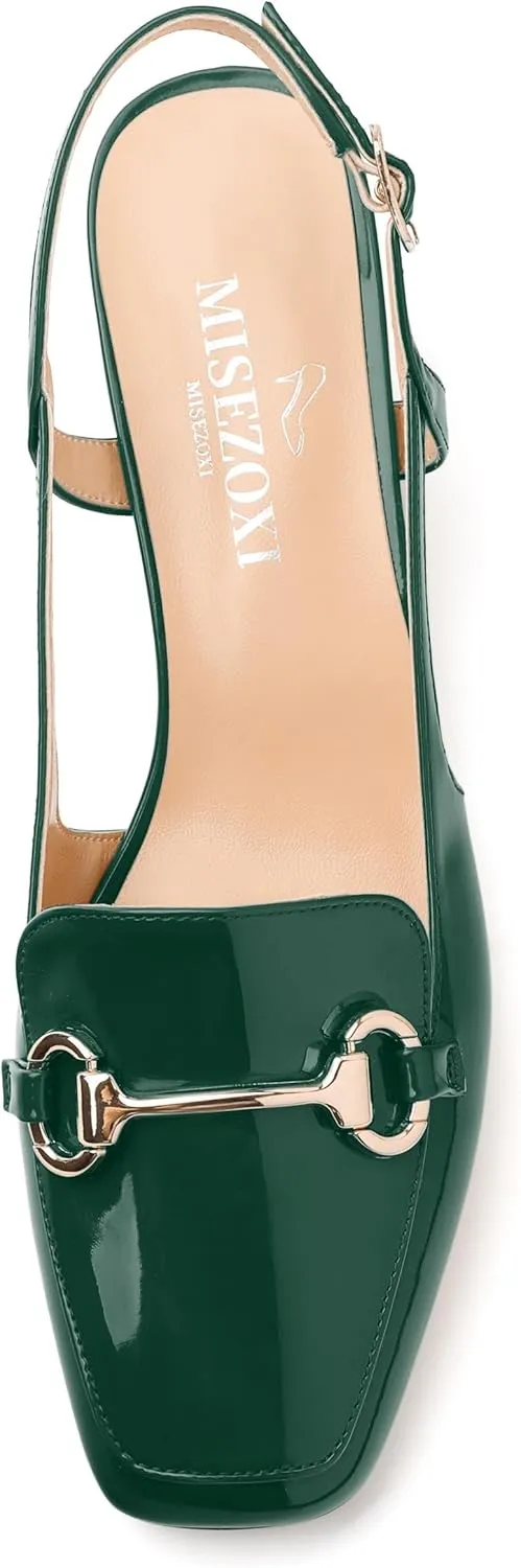 Womens Pumps, Square Toe Mid Block Heel Slingback Pump Shoes for Women, Chunky Heel Slingbacks with Metal Buckle 2"